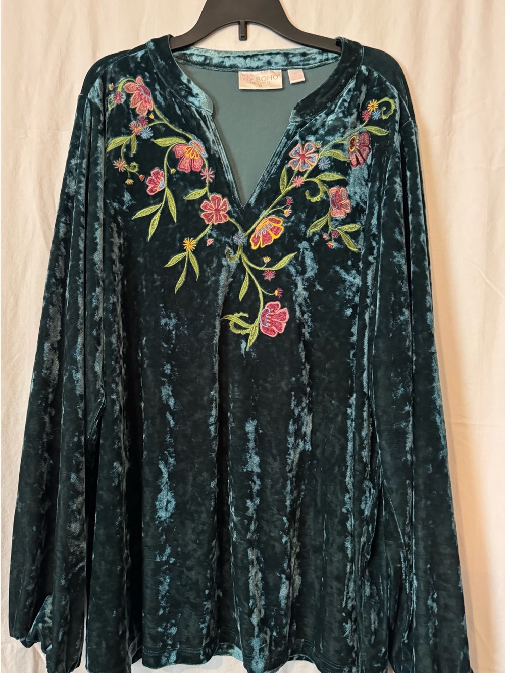 Belle Boho Crushed Velvet Embroidered Blouse – Teal – XL